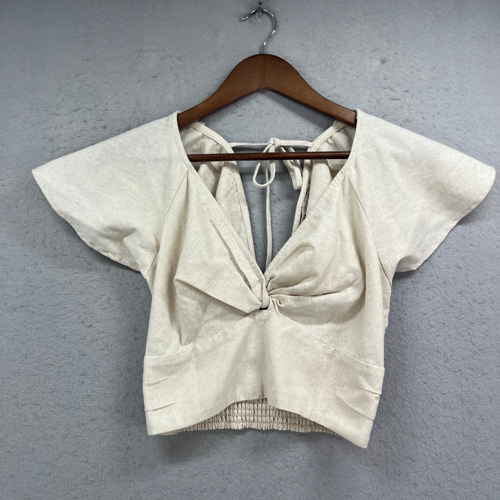 Lush Crop Top Women Medium Oat Linen Flutter Sleeve Twist Front Boho Chic Trendy